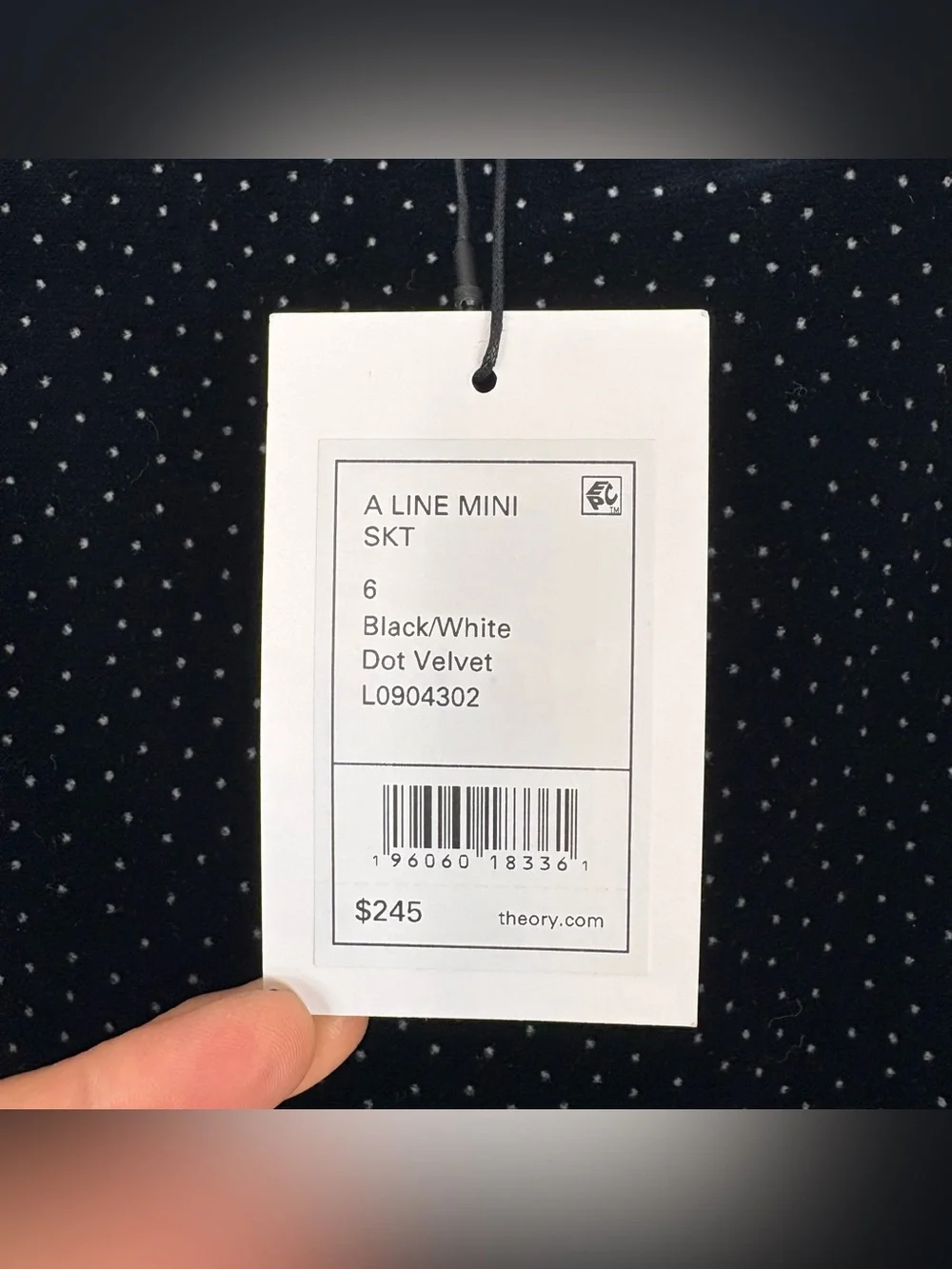 Theory A Line‎ Mini Skirt Black/White Dot Velvet Skirt Size 6